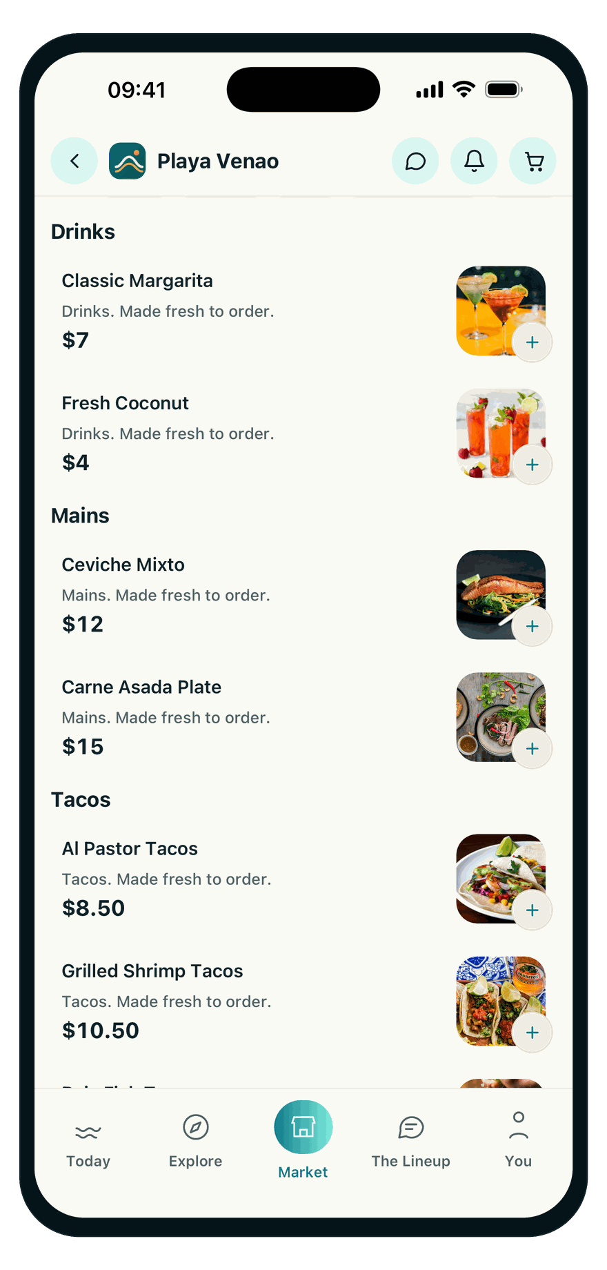 Pedido de comida local a una cocina de playa en la app del pueblo